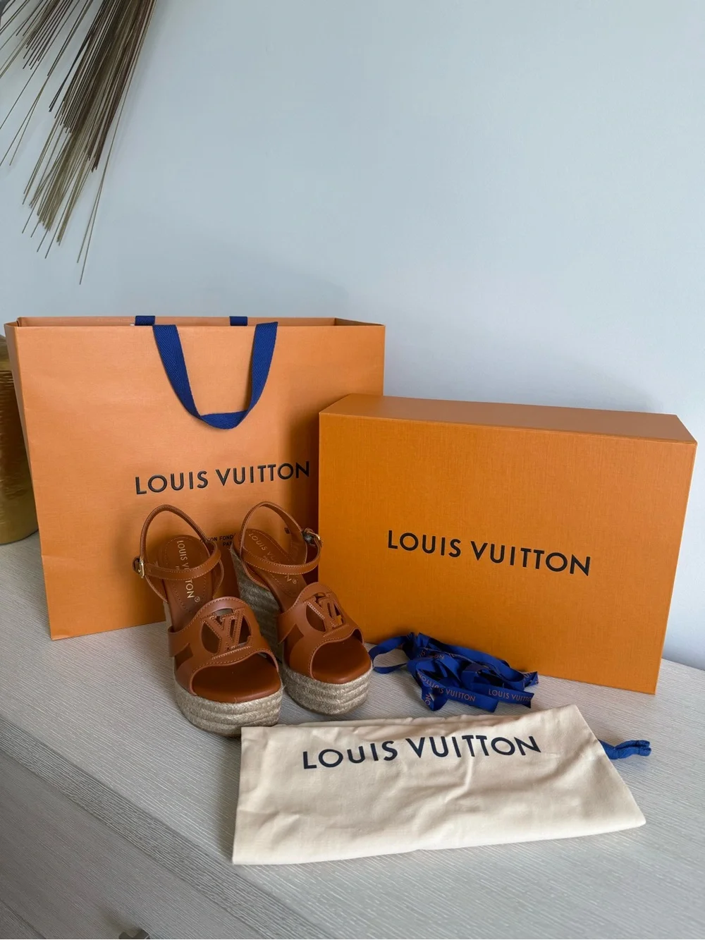 NEW! Louis Vuitton Isolde Wedge Sandals- cognac Leather